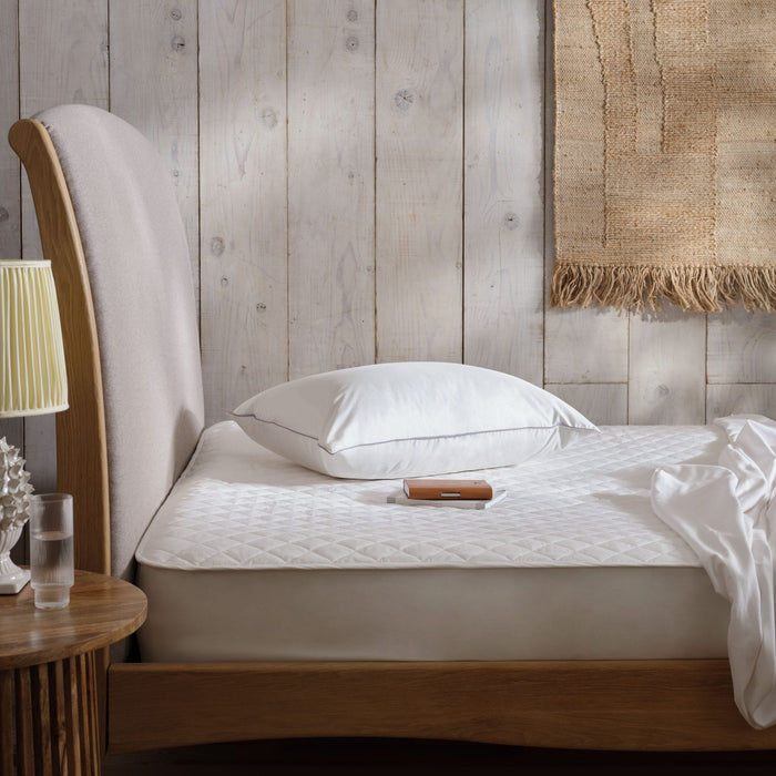 Mattress protector on a mattress and bed. Side view. | Scooms