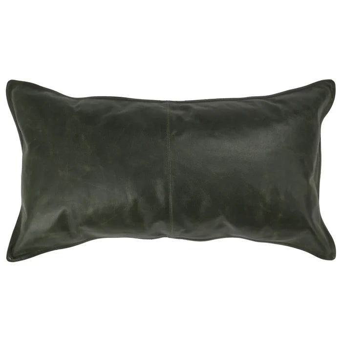 The 14x26 Leather Pillow features rectangular dark green genuine leather with center stitching and a soft feather blend insert, shown on a white background.