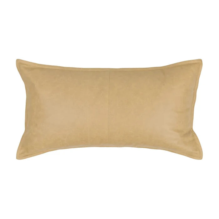 The 14x26 Leather Pillow is rectangular and tan, made from genuine leather with subtle edge stitching and a feather blend insert, shown against a plain white background.
