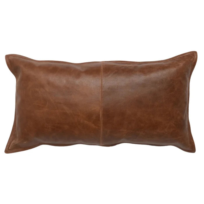 The 14x26 Leather Pillow in brown genuine leather with center stitching and a feather blend insert is shown on a white background.