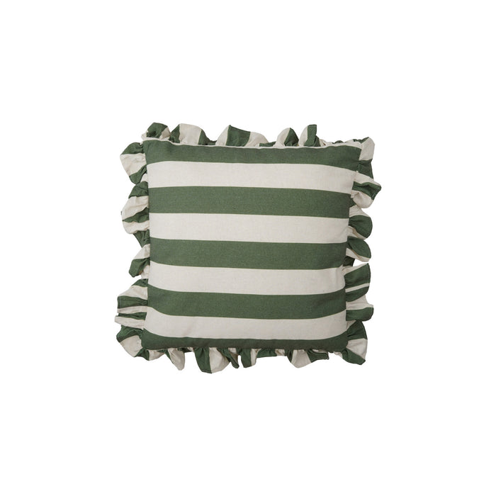 18" Square Fabric Striped Pillow with Ruffle, Green & Natural
