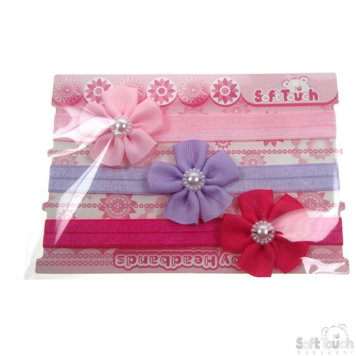 3 PACK GIRLS HEADBANDS W/FLOWER & PEARL: HB49 - Kidswholesale.co.uk