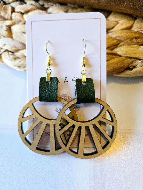 Abstract Boho Green Faux Leather Earrings