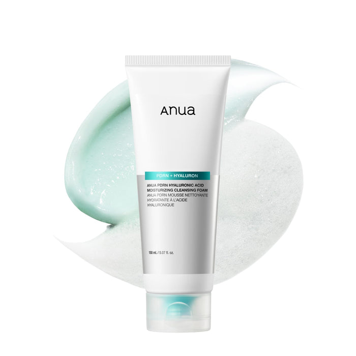Anua PDRN Hyaluronic Acid Moisturizing Cleansing Foam 150ml tube on white background with product texture, colour and foam texture