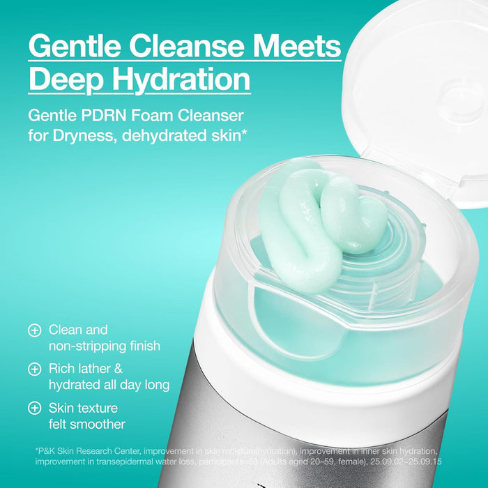 Anua PDRN Hyaluronic Acid Moisturizing Cleansing Foam 150ml tube and texture on teal background, gentle cleanser, non-stripping
