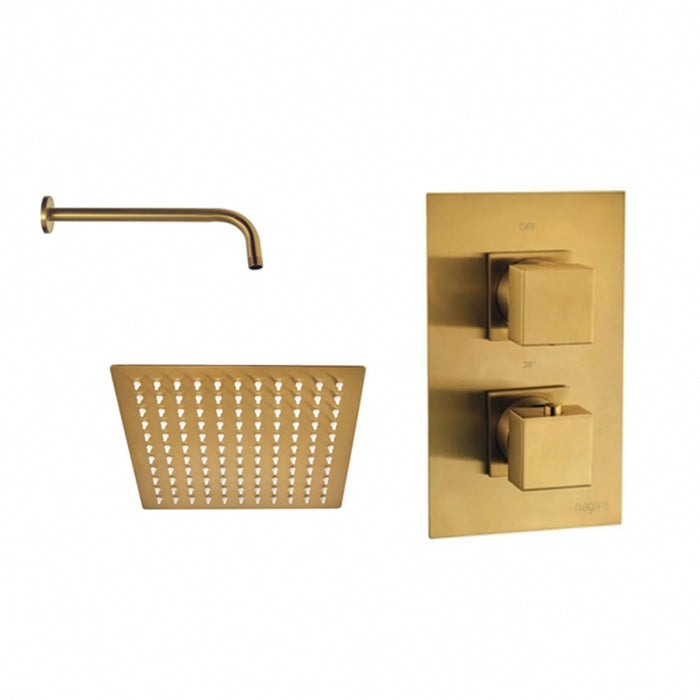 Aquadart Square Brushed Brass Thermostatic Concealed Shower Mixer with 200mm Fixed Head & Wall Arm