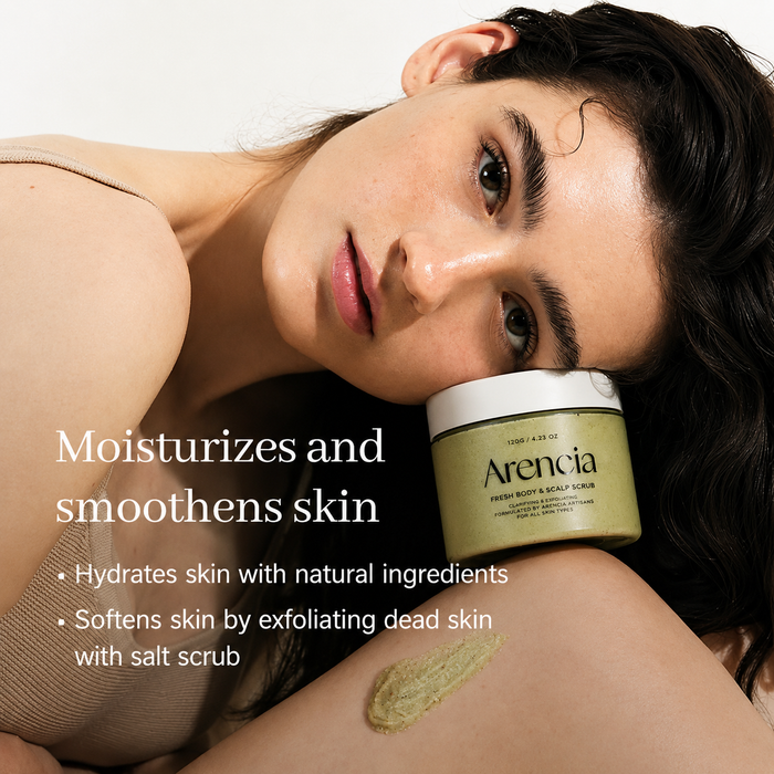 person reclining with an arencia fresh body & scalp scrub beside their face, highlighting hydrating, exfoliating benefits for smoother, softer-looking skin.