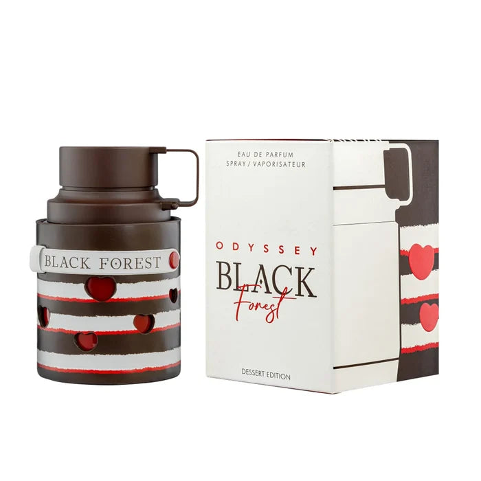 Armaf Odyssey Black Forest Eau De Parfum 100ml fragrance bottle alongside matching Black Forest Dessert Edition retail packaging, featuring chocolate and cherry-inspired design elements.