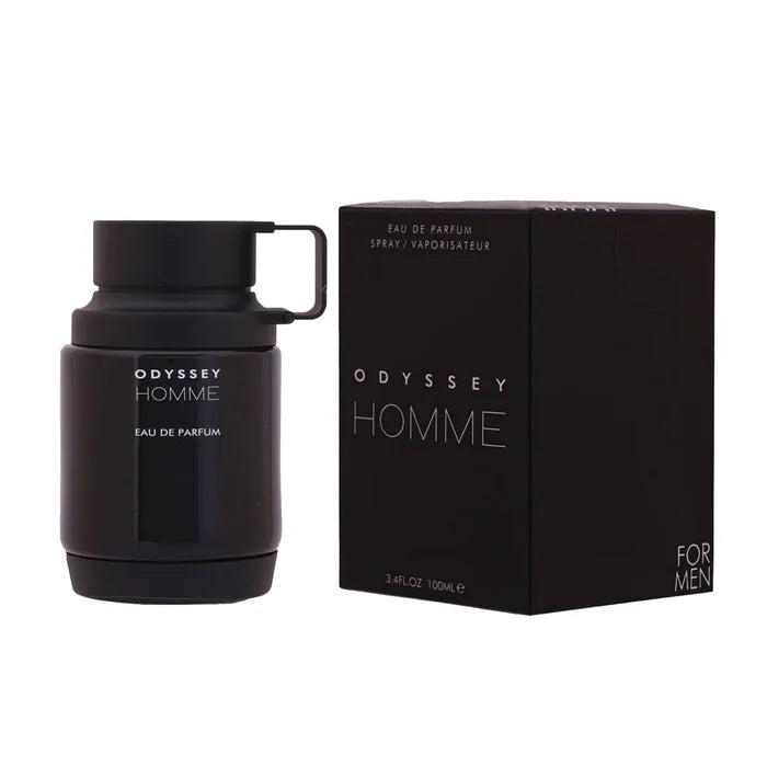 Armaf Odyssey Homme Eau De Parfum 100ml men's perfume bottle with matching black retail box, luxury masculine fragrance presentation on a white background.