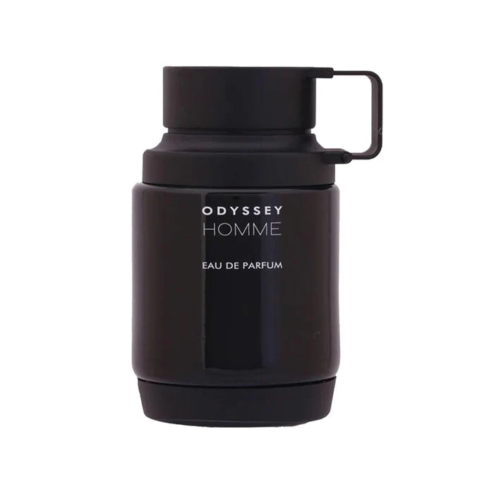 Armaf Odyssey Homme Eau De Parfum 100ml men's fragrance bottle featuring a sleek all-black design with a modern cylindrical silhouette, isolated on a white background.