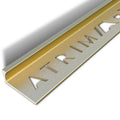 Atrim 10mm straight edge aluminium tile trim in brushed brass effect, 2.5m long, designed to protect exposed tile edges and create a premium finish for 10mm tiles.