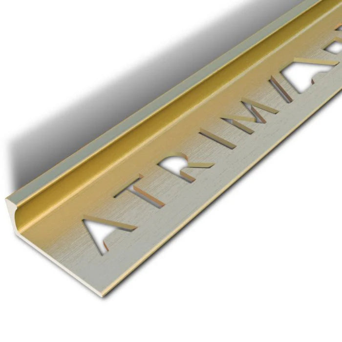 Atrim 10mm straight edge aluminium tile trim in brushed brass effect, 2.5m long, designed to protect exposed tile edges and create a premium finish for 10mm tiles.