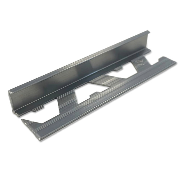 Atrim 10mm straight edge aluminium tile trim in Brushed Titanium, 2.5m long, designed to protect exposed tile edges and create a clean, contemporary finish for 10mm tiles.
