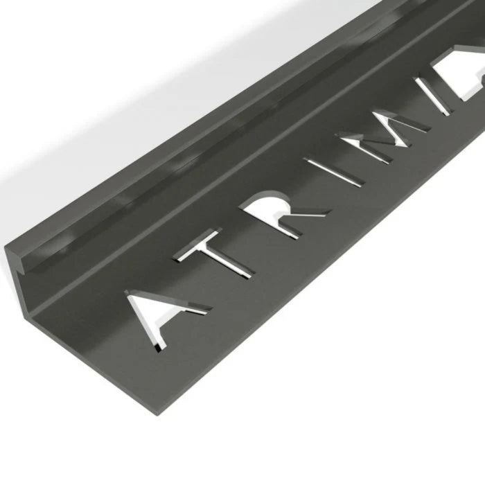 Atrim 10mm straight edge aluminium tile trim in matt black, 2.5m long, designed to protect exposed tile edges and create a clean, contemporary finish for 10mm tiles.