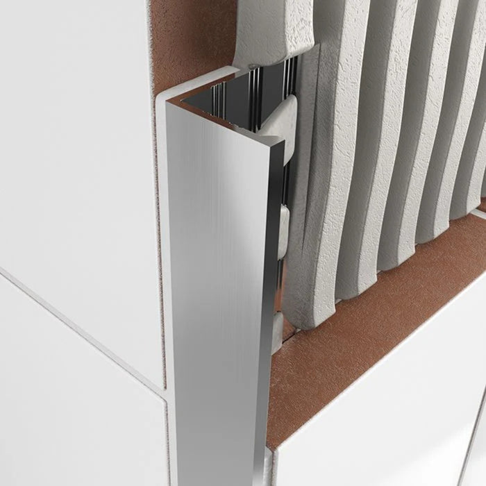 Atrim 12.5mm straight edge aluminium tile trim in brushed chrome effect, 2.5m long, designed to protect exposed tile edges and provide a sleek, professional finish for 12.5mm tiles.
