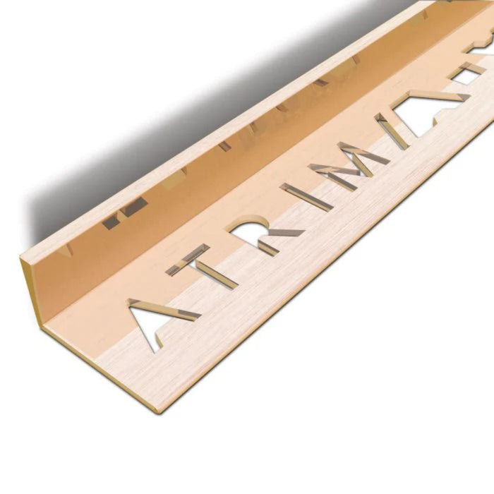 Atrim 12mm straight edge aluminium tile trim in brushed copper effect, 2.5m long, designed to protect exposed tile edges and create a warm, professional finish for 10mm tiles.