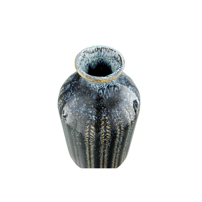 The Blue Stoneware Vase has a narrow opening and a textured striped pattern in dark blue, black, and tan, shown from above on a white background.