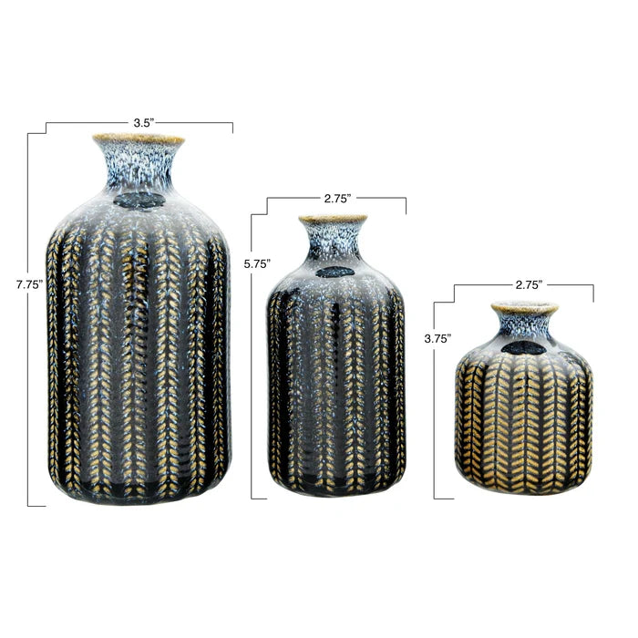 The Blue Stoneware Vase features a striking striped pattern and is available in small (3.75x2.75), medium (5.75x2.75), and large (7.75x3.5) sizes—perfect decorative accents for any space.