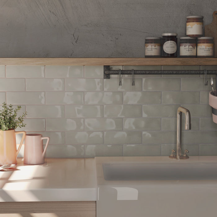 Borgo Glossy Soft Grey 6.5 x 20cm White Body Wall Tile - 0.36sqm perbox