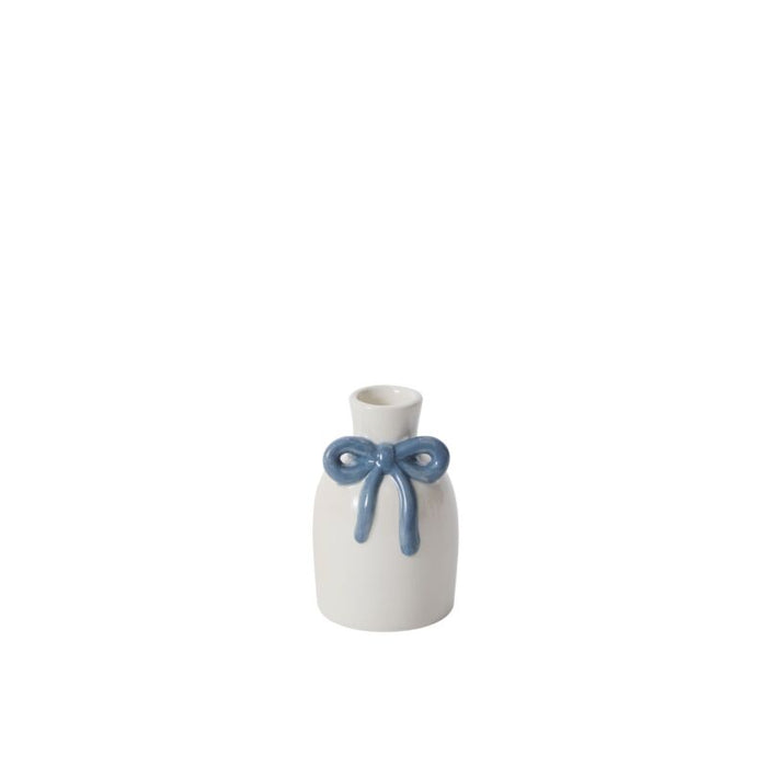 The Budvase w/ Bow is a small white ceramic vase featuring a narrow neck and a blue bow around the top, ideal for Easter or spring event decor, shown against a plain white background.