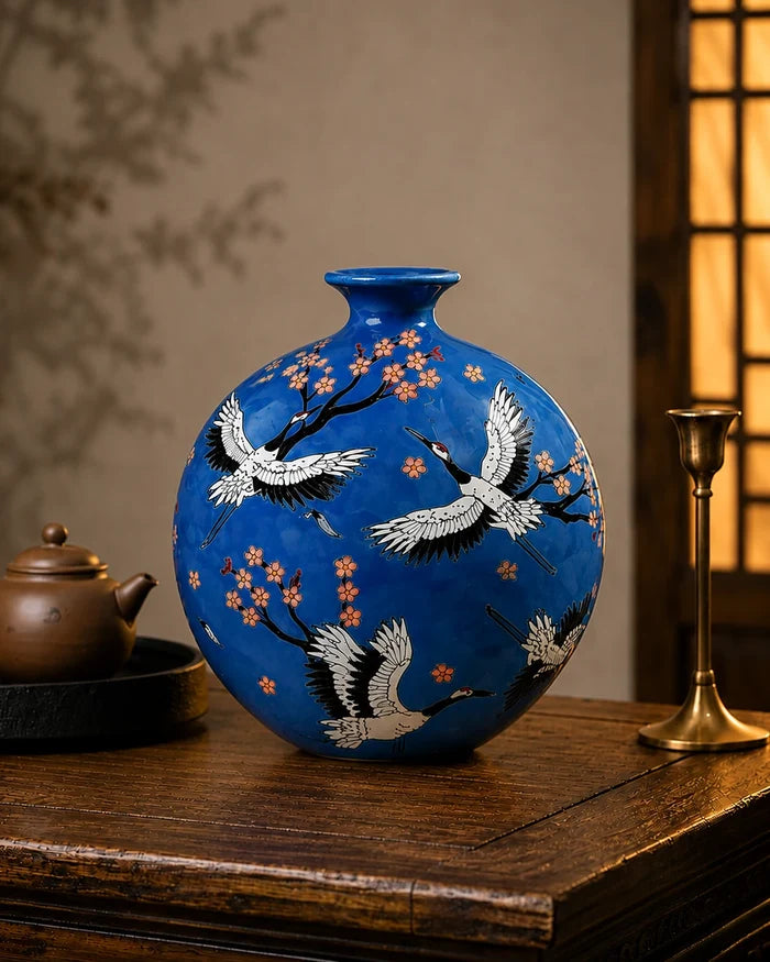Crane Blossom Round Flower Vase