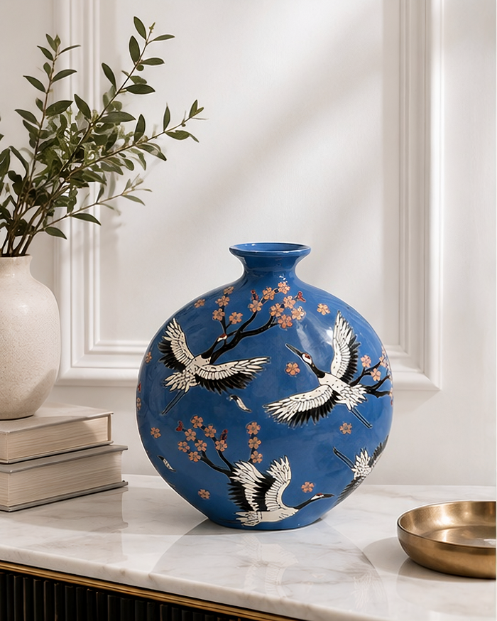 Crane Blossom Round Flower Vase