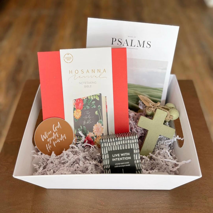 Build the perfect present with Lit Decor and Gift’s Custom Gift Boxes—featuring a notetaking Bible, Psalms booklet, wooden sign (“When God made you, He thought of His finest”), cross, prayer beads, and Live with Intention soap bar.