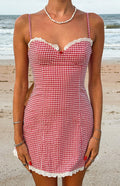 Beginning Boutique Cutie Pie Red Gingham Mini Dress red gingham mini dress with sweetheart neckline white lace trim spaghetti