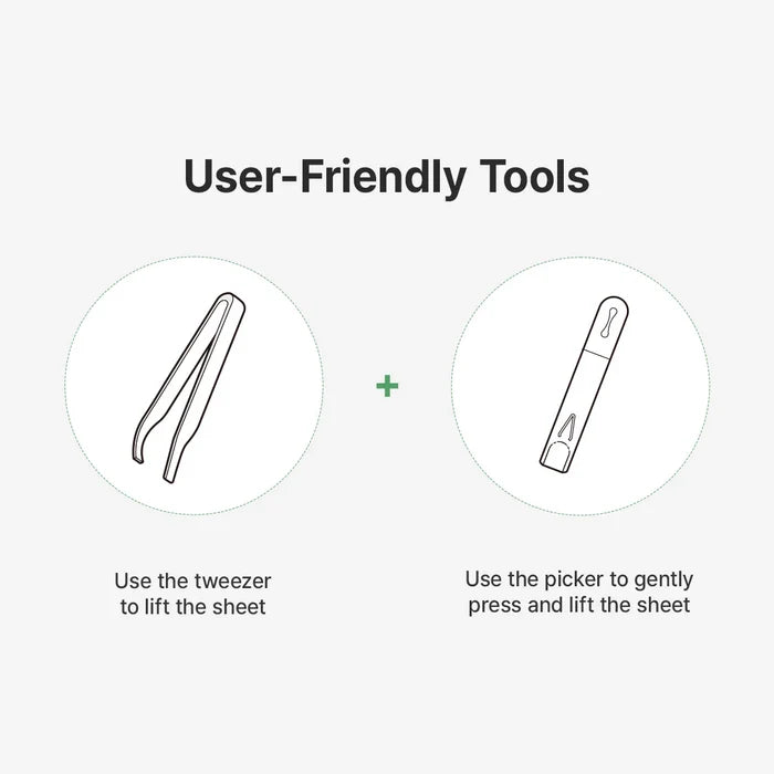 dr. althea stretchfit calming pad accessory guide showing the included tweezers and picker tool. illustrates how to use the tweezers to lift the toner pad and the picker to gently press and lift the sheet for hygienic, easy application.