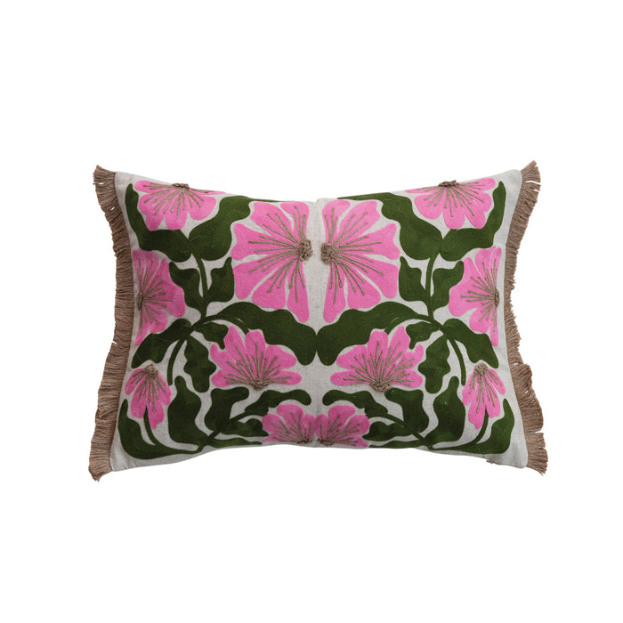 Embroidered Flowers w/ Jute Fringe Pillow