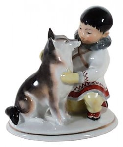 Eskimo Boy With Husky Dog Lomonosov Porcelain Collectible Figurine