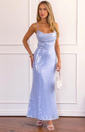 Beginning Boutique Georgia Blue Sequin Maxi Dress blue sequin cowl neck spaghetti strap fitted maxi dress