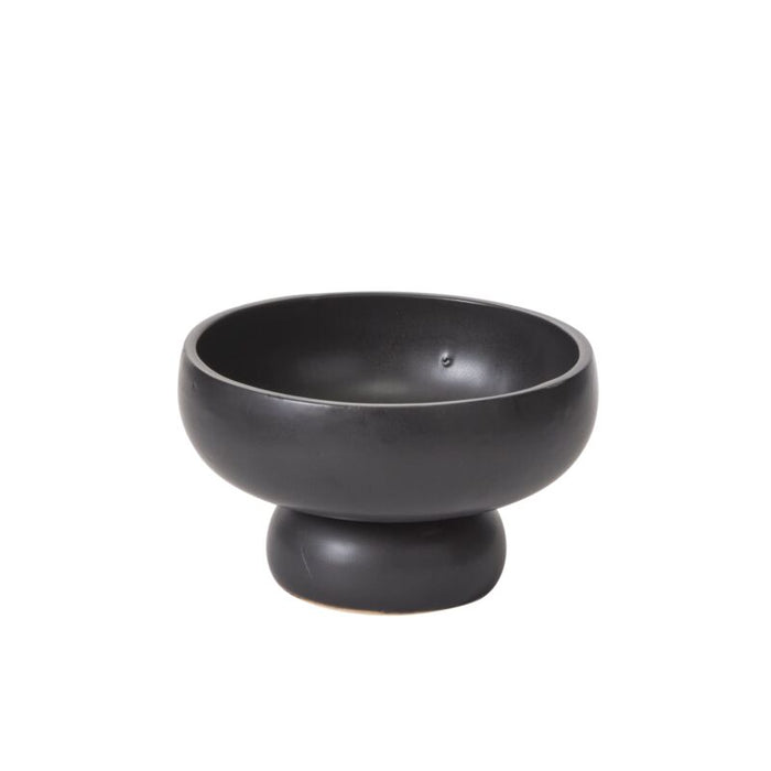 The Glossy Black Compote features a wide, rounded body and a thick, sturdy base, ideal for displaying an ikebana arrangement. Shown against a plain white background.