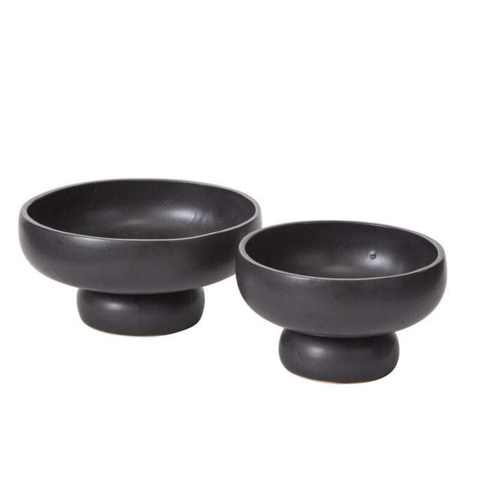 Two Glossy Black Compote bowls with rounded bases and wide openings, ideal for ikebana, are placed side by side on a white surface—the larger bowl is on the left, the smaller on the right.