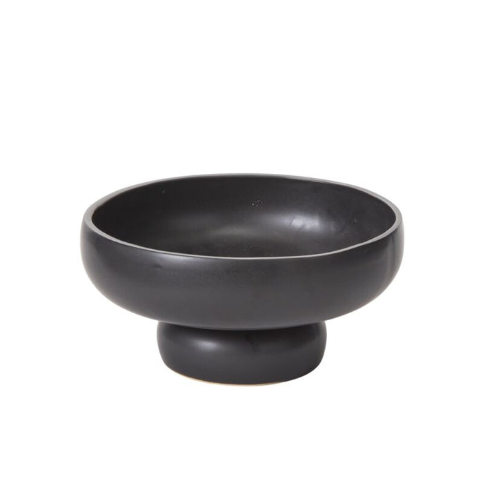 The Glossy Black Compote features a wide, rounded shape and a sturdy pedestal base—perfect for elegant ikebana arrangements—shown here against a plain white background.