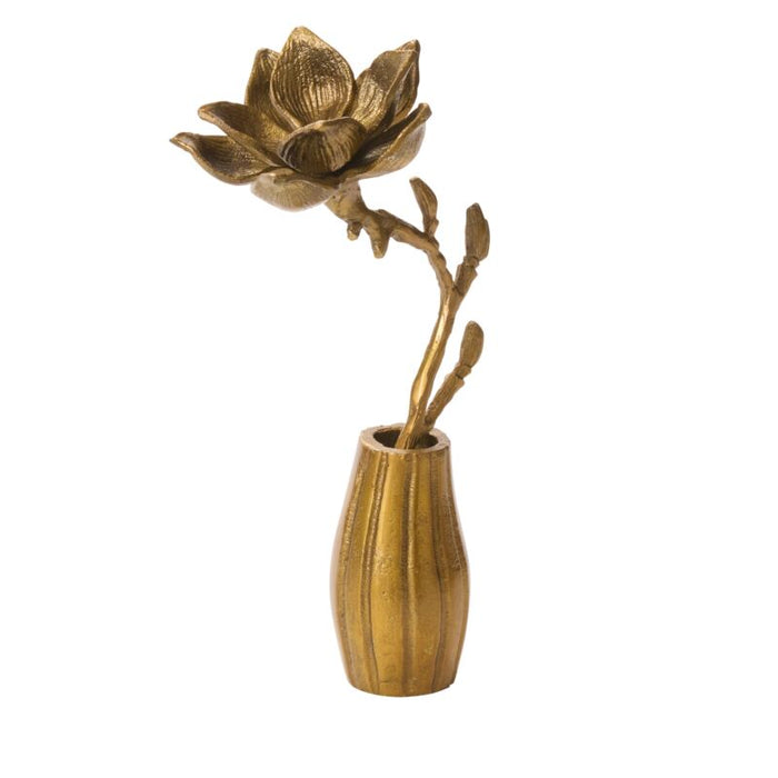 A decorative spring display, the Golden Cast Aluminum Flower & Pot features multiple buds and leaves in antique gold aluminum, set in a matching vase against a white background.