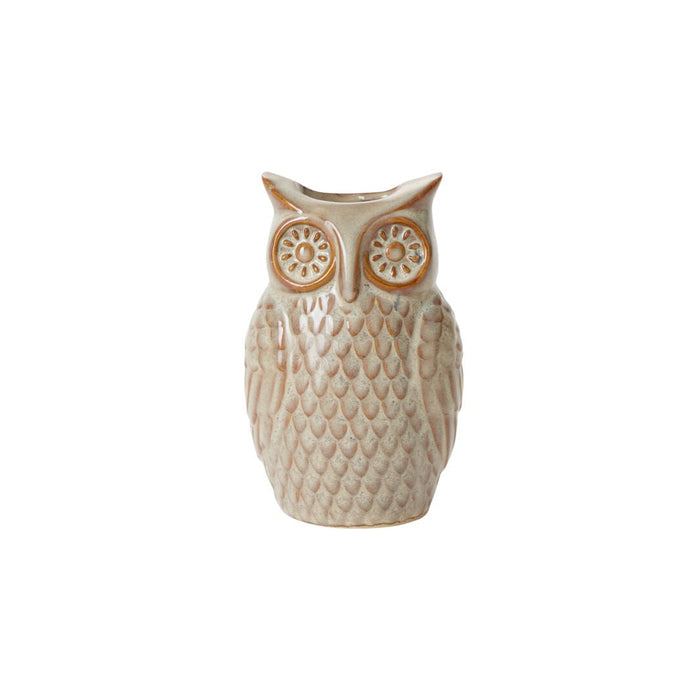 The Great Horned Owl Vase, crafted from beige ceramic and featuring detailed feather patterns and large round eyes, is displayed against a plain white background.