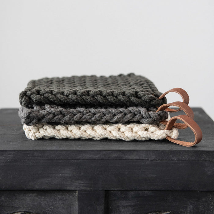 Grey/Ivory Crocheted Pot Holder w/ Leather Loop