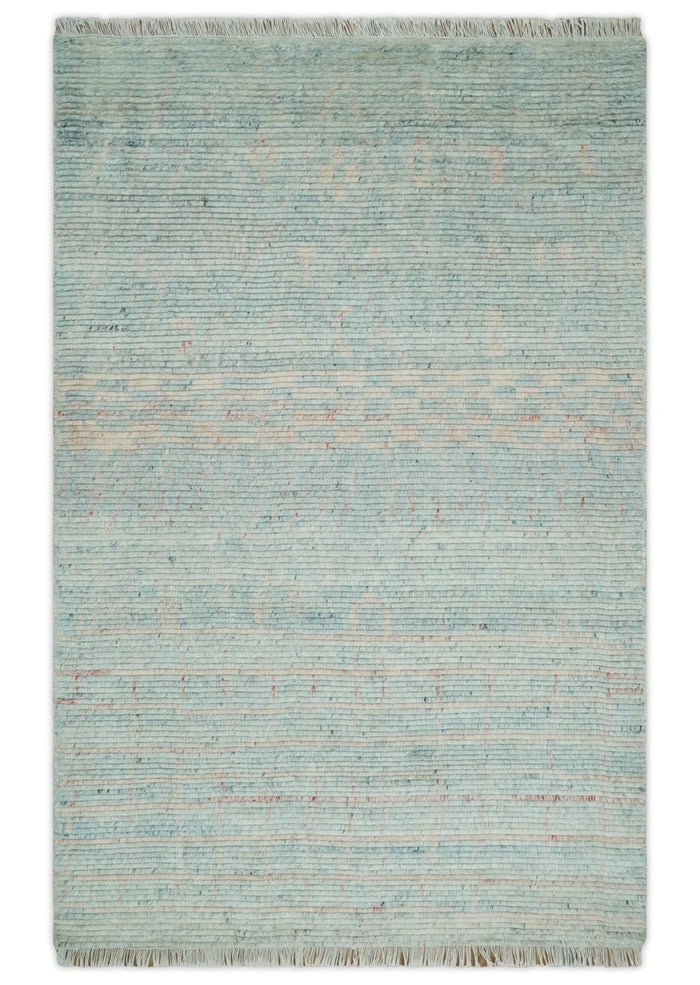 Hand Knotted Modern Abstract Blue and Peach Trellis Moroccan Rug Made with Blended Wool 5x8, 8x10 and 9x12 | UL35 - The Rug Decor