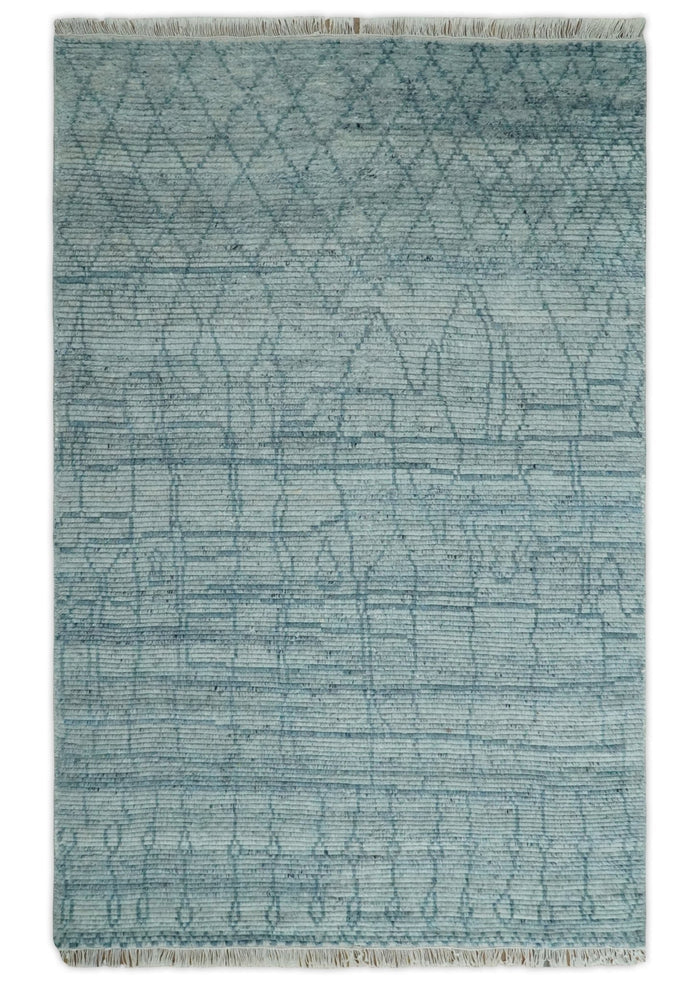 Hand Knotted Silver and Blue Modern Trellis Moroccan Rug Made with Blended Wool 5x8, 8x10 and 9x12 | UL43 - The Rug Decor