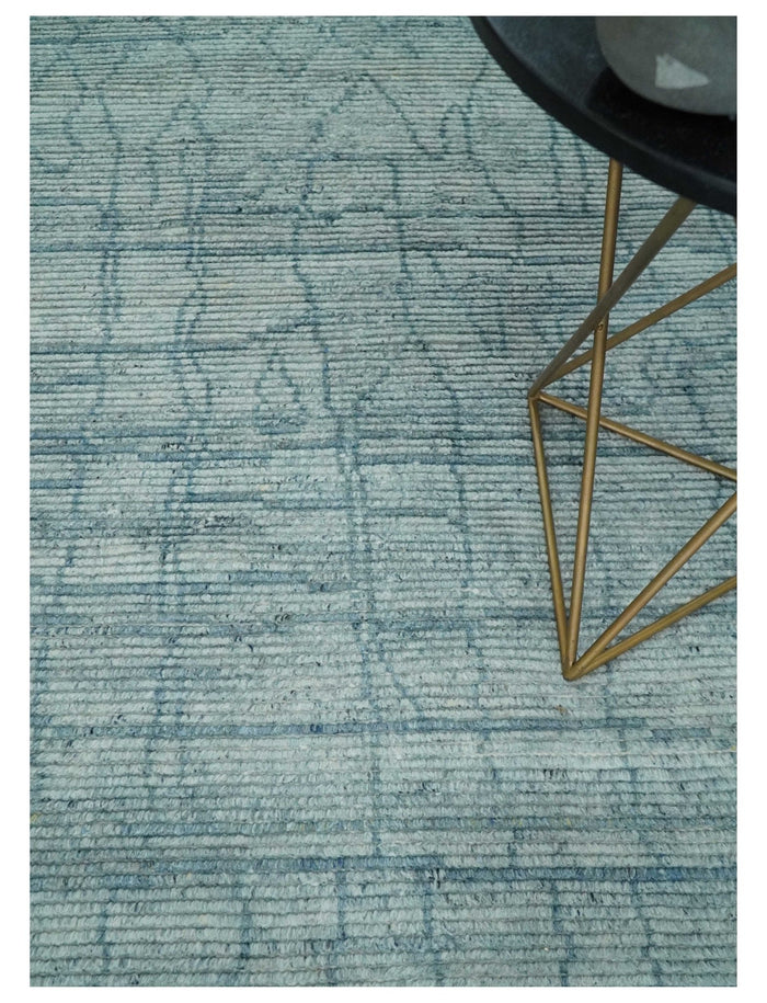 Hand Knotted Silver and Blue Modern Trellis Moroccan Rug Made with Blended Wool 5x8, 8x10 and 9x12 | UL43 - The Rug Decor