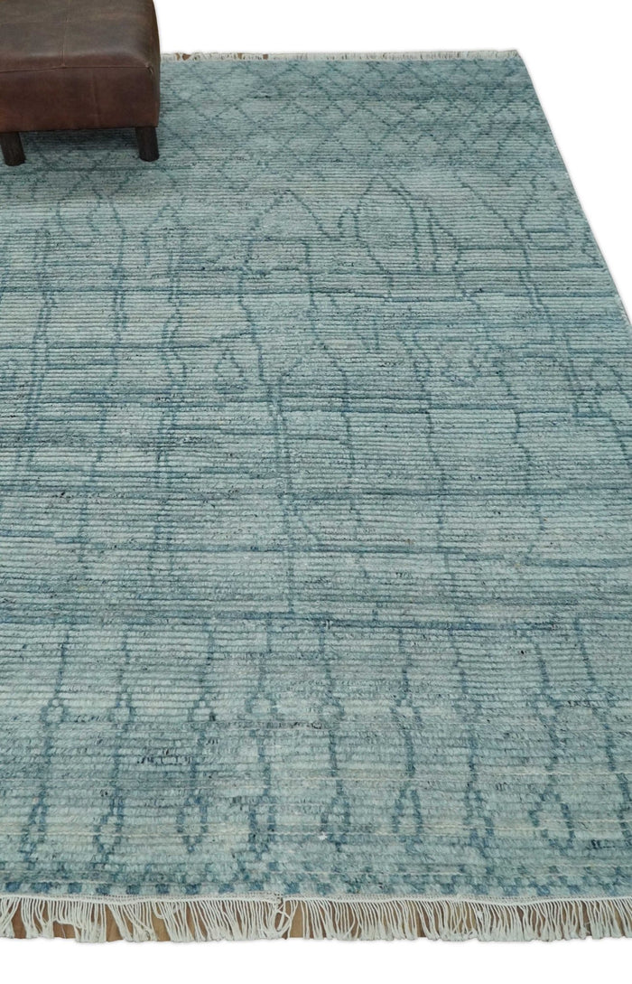 Hand Knotted Silver and Blue Modern Trellis Moroccan Rug Made with Blended Wool 5x8, 8x10 and 9x12 | UL43 - The Rug Decor