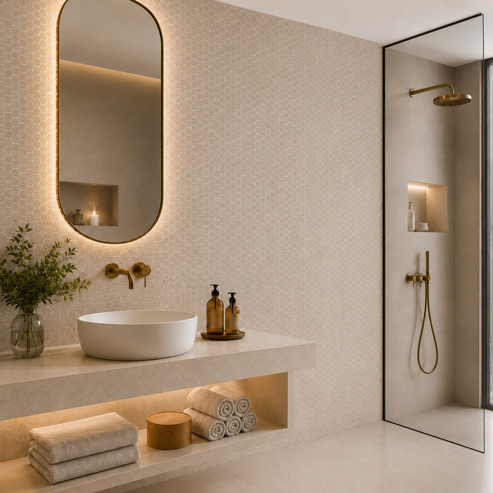 Hex XL Normatech Sand Matte 28.6 x 28.4cm mosaic sheet featuring a warm sand-toned hexagonal pattern, creating a contemporary spa-inspired bathroom feature wall.