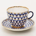 Imperial / Lomonosov Porcelain Coffee Cup w/ Saucer 'Cobalt Net' by Imperial Porcelain Factory
