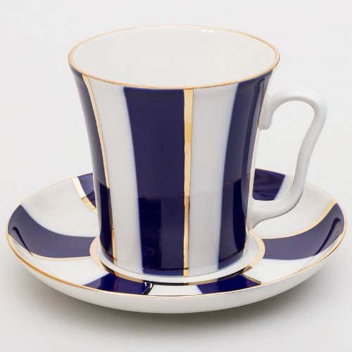 Imperial / Lomonosov Porcelain Mug w/ Saucer "Cobalt Stripes"