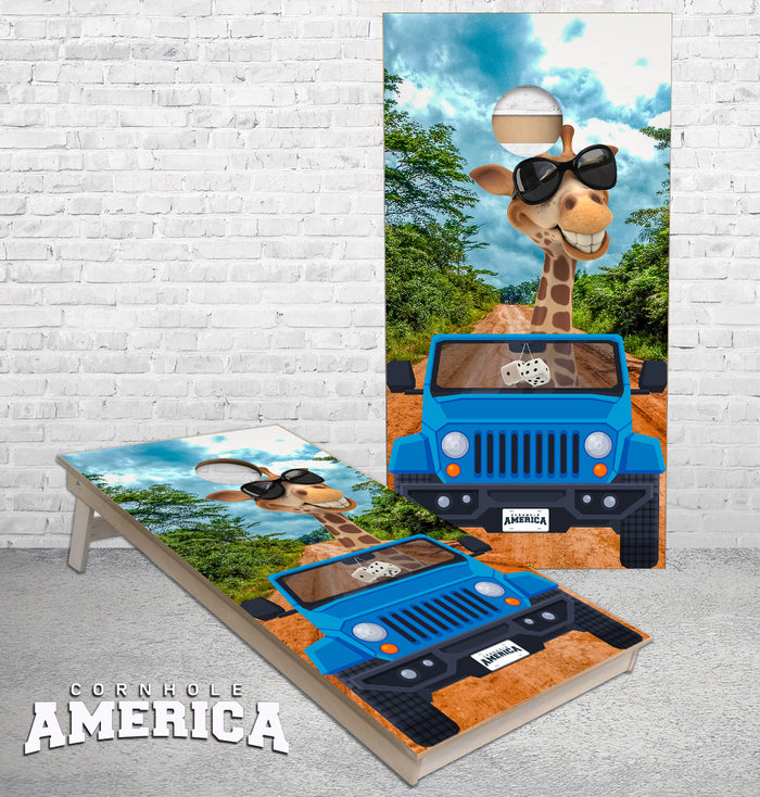 Jeep with Giraffe Driving sunglasses on dice cornhole boards