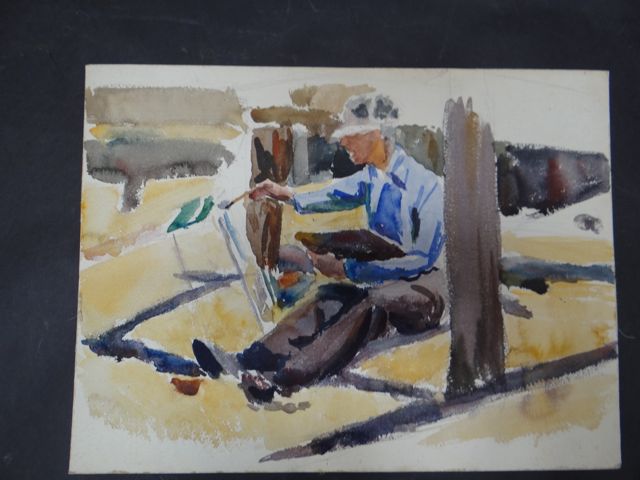 Joseph L Deitch Watercolor: Artist at Beach 1930s-40s