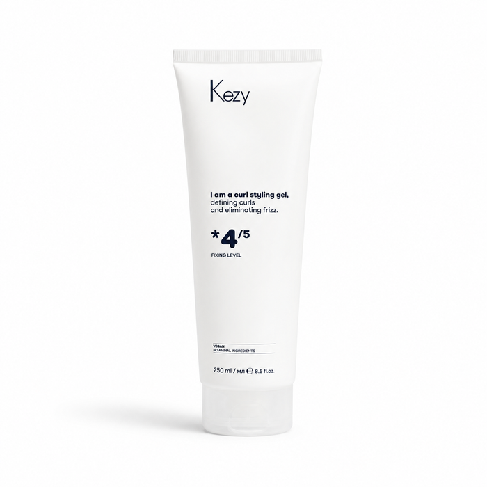 Kezy Curl Styling Gel 250ml in a white squeeze tube with 4/5 fixing level, isolated on a white background with a soft shadow, high-resolution e-commerce product image.