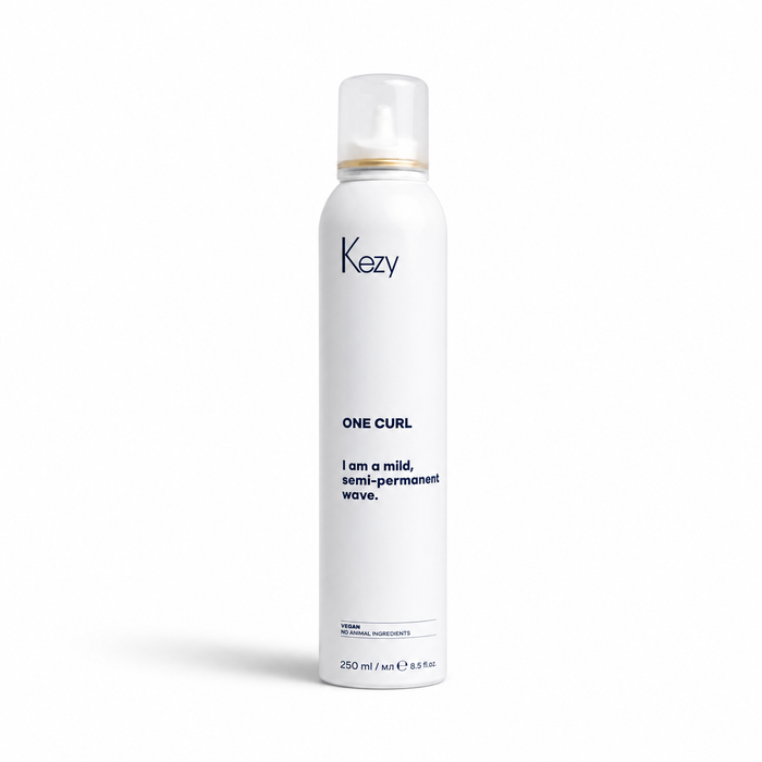 Kezy One Curl Mild Semi-Permanent Wave 250ml in a white aerosol can, isolated on a white background with a soft shadow, high-resolution e-commerce product image.