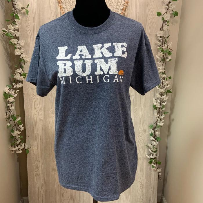Lake Bum MI TShirt- Heather Navy — The Mitten Print Shop